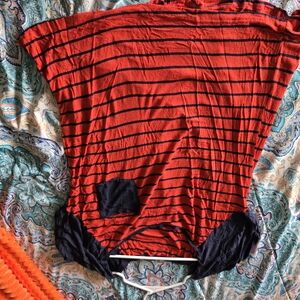 Red and Black Striped Tee with Black Accents